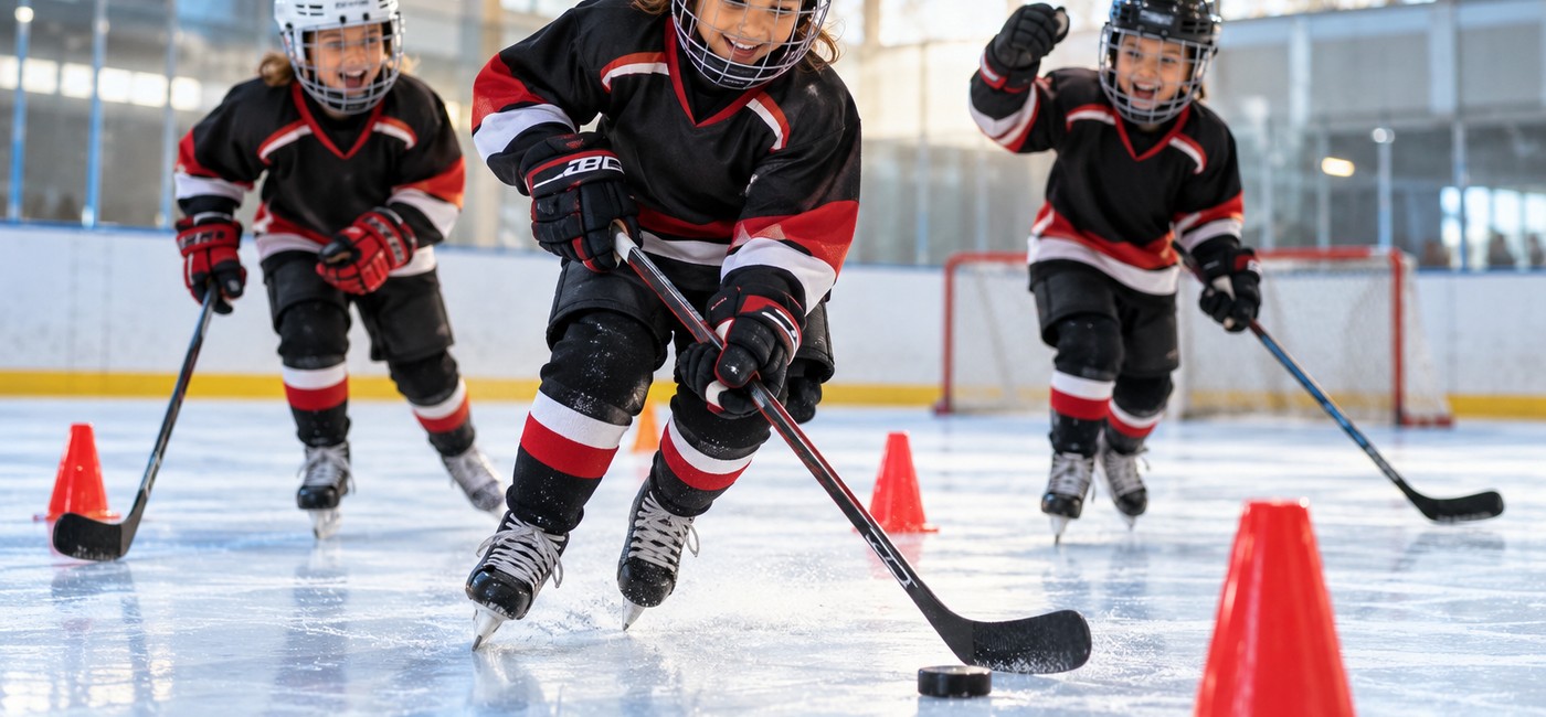 Illustrative Bildwelt: Kinder mit Freude beim Eishockeytraining